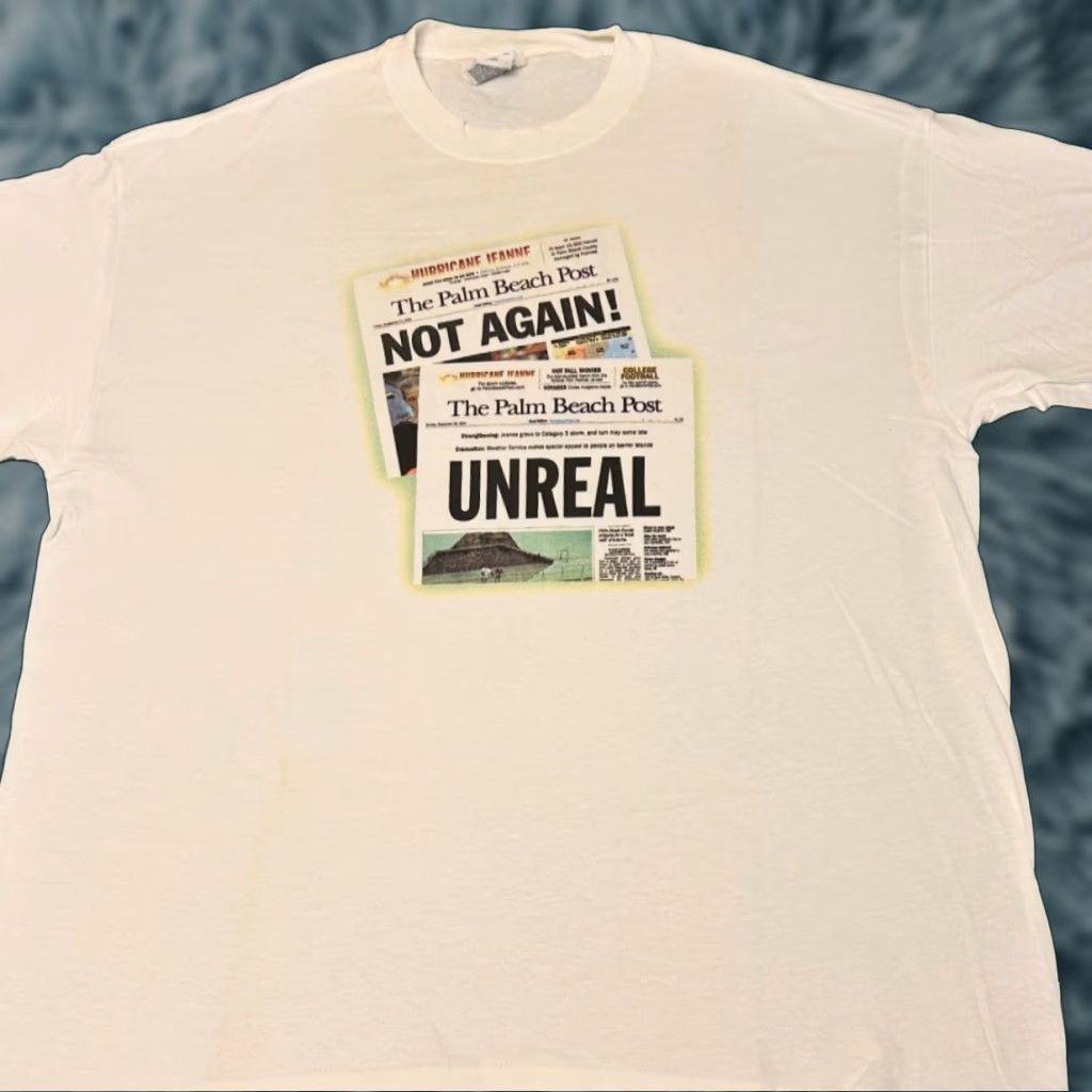 Vintage VINTAGE Florida Hurricane Palm Beach News Paper VTG Shirt Mens XL White 90s Y2K Nature Hip Hop Shirt Mens XL Size US XL / EU 56 / 4 - 1 Thumbnail