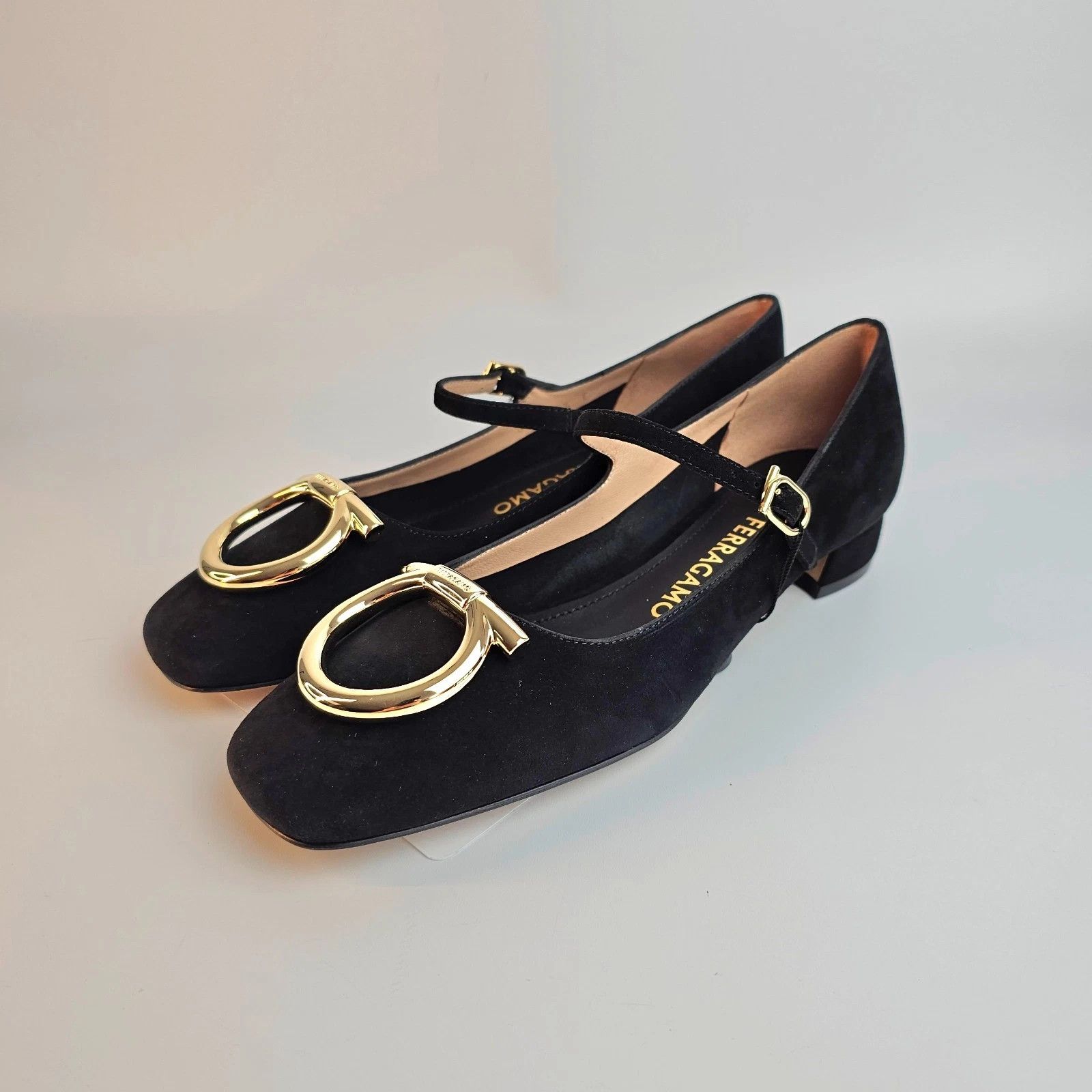 FERRAGAMO Mary Jane Gold/Black Suede Heeled Pumps New