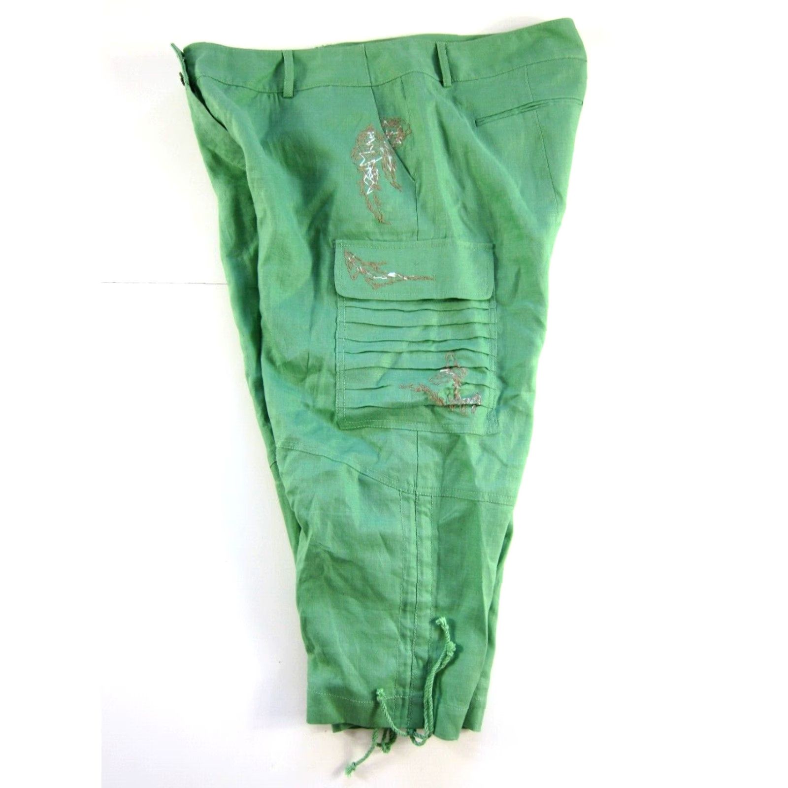 Vintage Gianni Binni 100% Linen Green Embroidered Pocket Cargo Wide Leg Capri Pant 12 Size 34" / US 12 / IT 48 - 7 Thumbnail