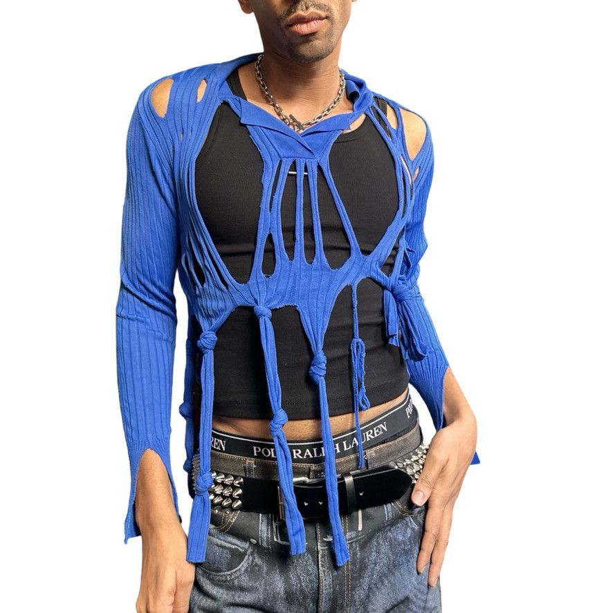 Other ASTROBOI* Blue Open Knit Ribbed Knotted Polo Sweater - Large Size US L / EU 52-54 / 3 - 2 Thumbnail