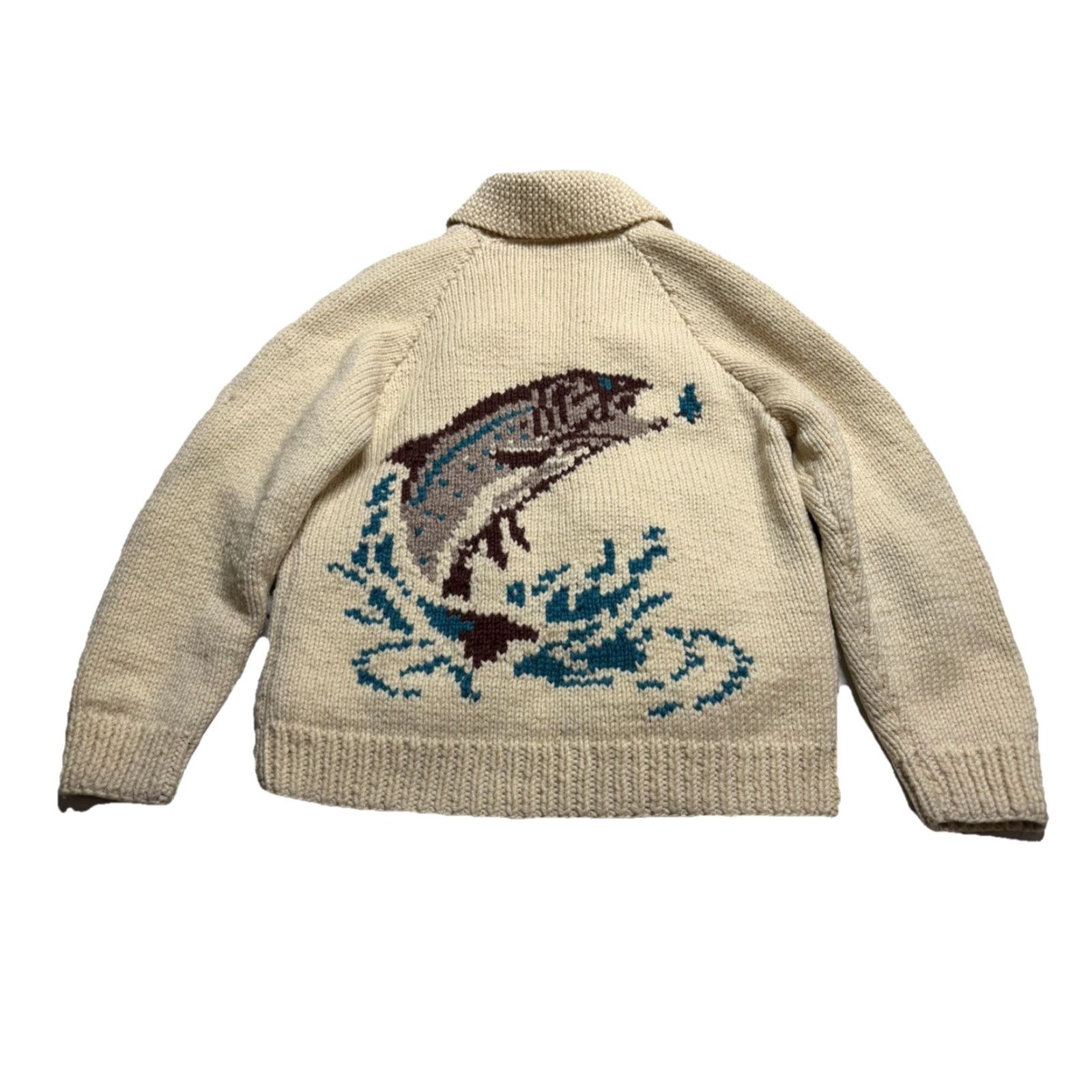 VINTAGE Cowichan Hand Knit Zip up Sweater Fishing Salmon Trout Basket M Beige 1950s Knit Rockabilly Mens