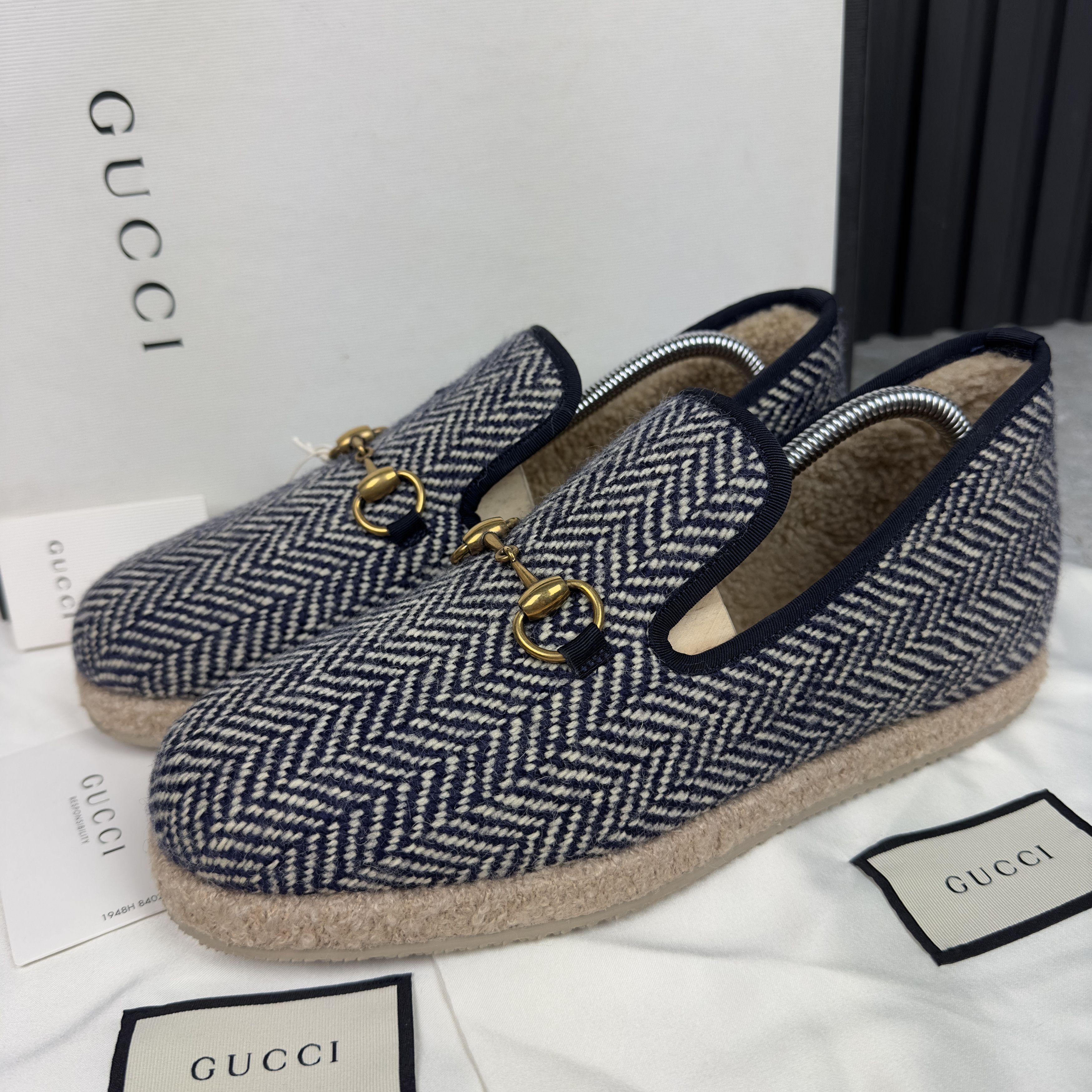 New Gucci Fria Loafers Gucci EUC Fria Horsebit Espadrille GG Loafers Blue Wool Fur  main image 4