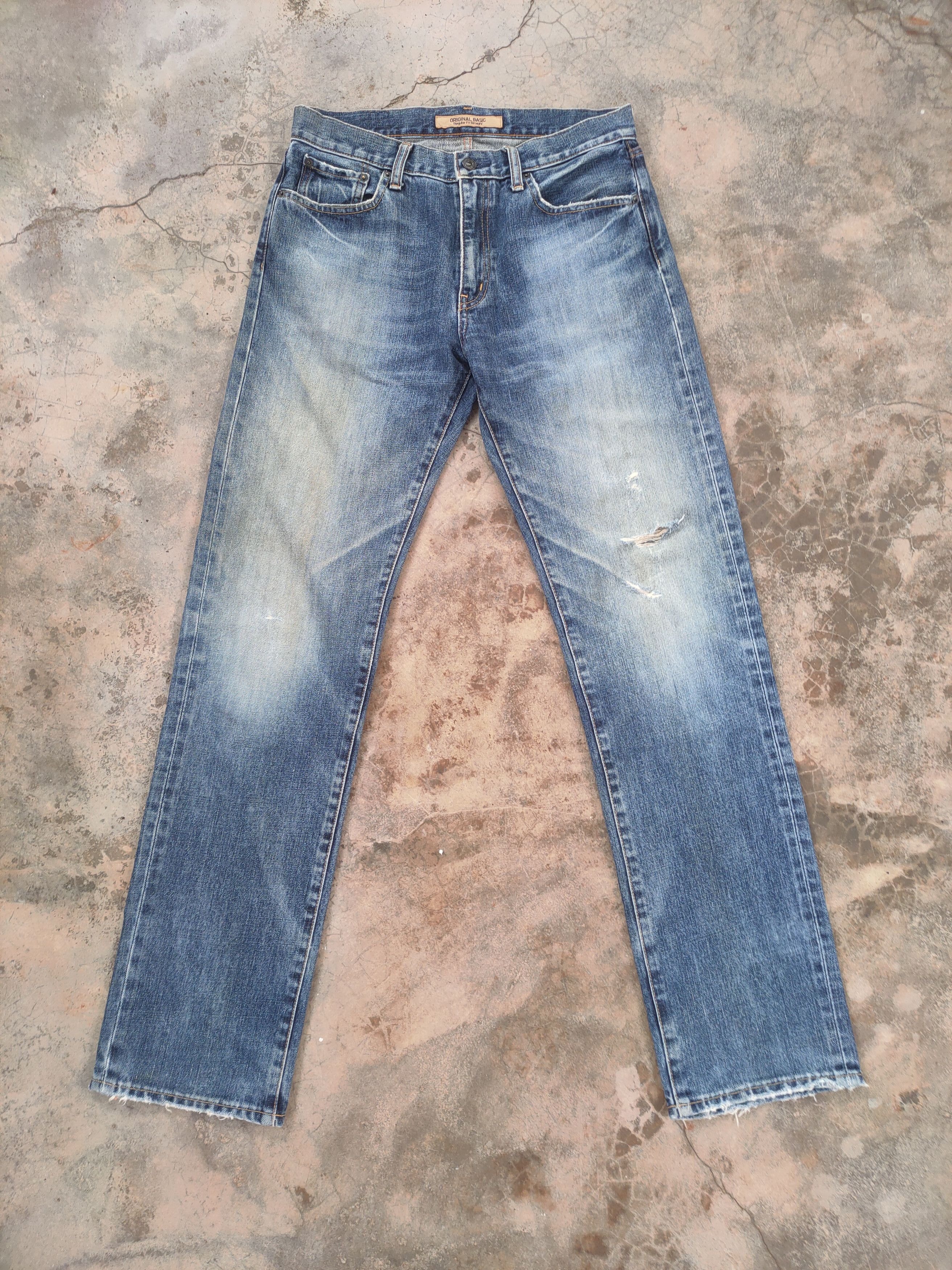 image of W32×33 Vintage Japanese Faded Distressed Denim Jean Pants in Faded Blue, Men's
