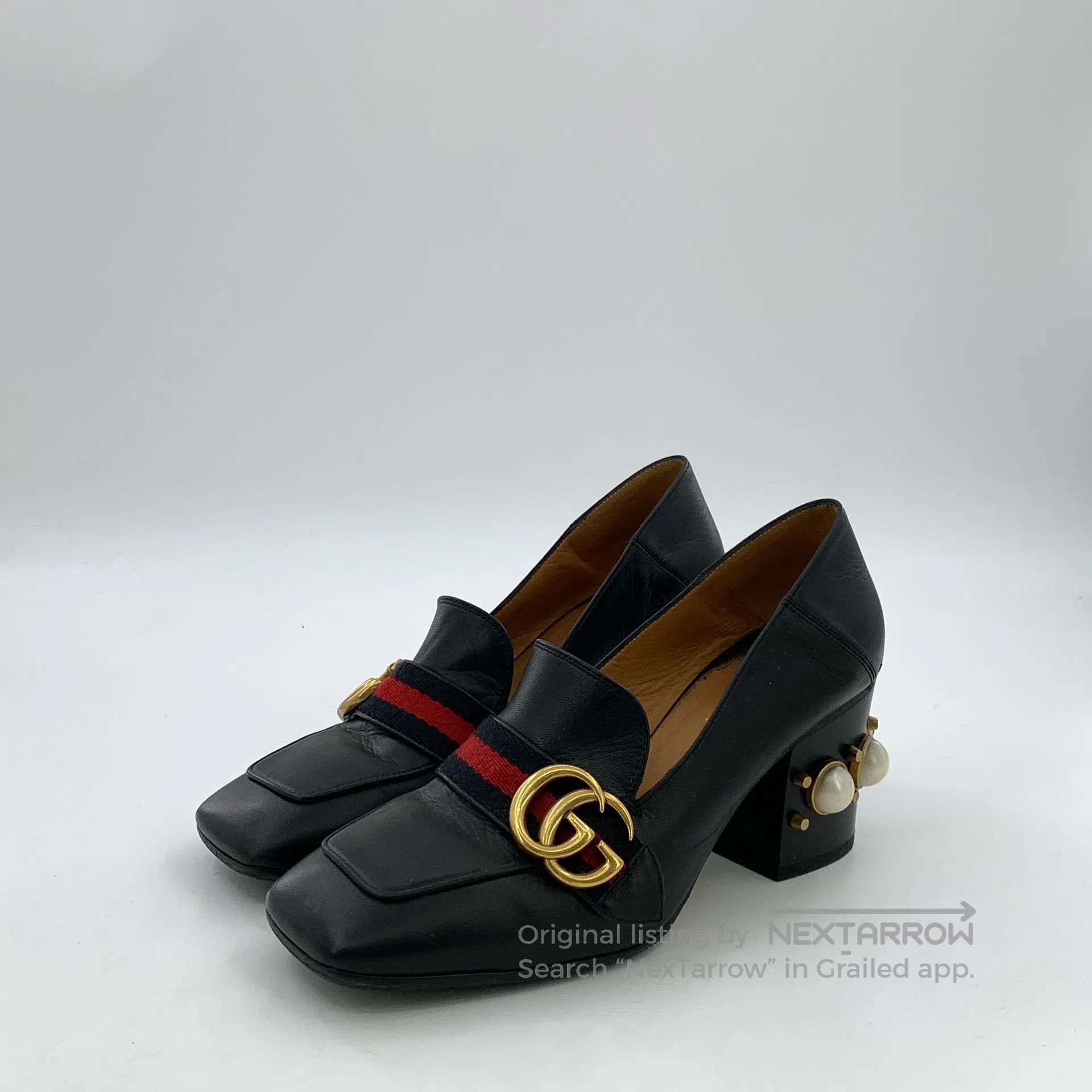 Gucci Guicci Black double G striped ribbon pearl button thick he Size US 6 / IT 36 - 1 Thumbnail