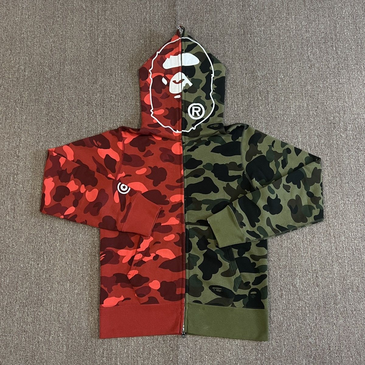 image of Bape Red&green Camo Ape Zip Up Hoodie, Men's (Size Small)