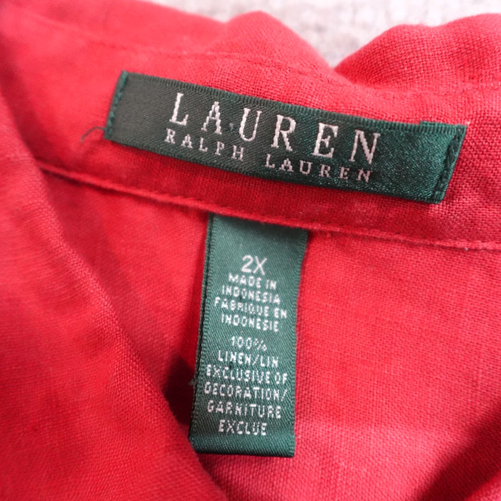 Ralph Lauren Lauren Ralph Lauren Shirt 2X Red 100% Linen Solid Button-Up Collared Long Sleeve Women Plus Size Size XXL / US 16-18 / IT 52-54 - 2 Thumbnail