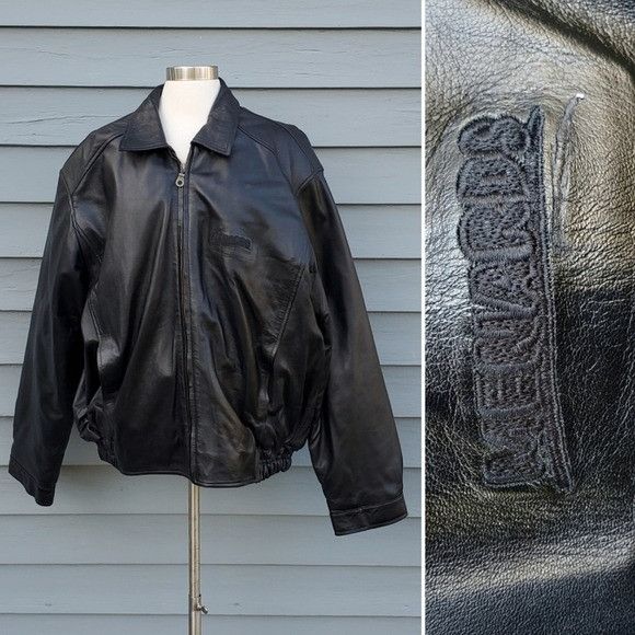 image of Vintage 90's Y2K Black Leather Menards Logo Work Bomber , Men's (Size 2XL)