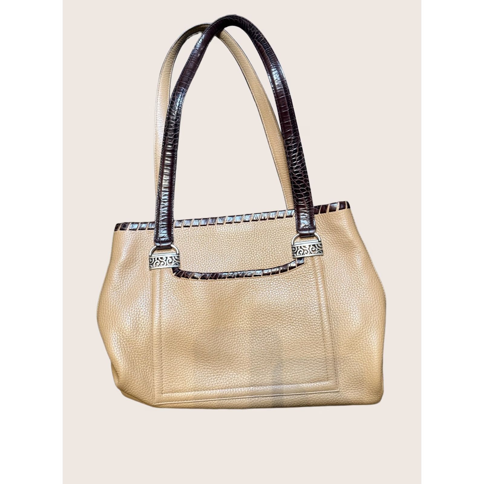 Brighton Brighton Tote Bag Womens Large Tan Leather Shoulder Purse Brown Croc Trim Scroll Size ONE SIZE - 1 Thumbnail
