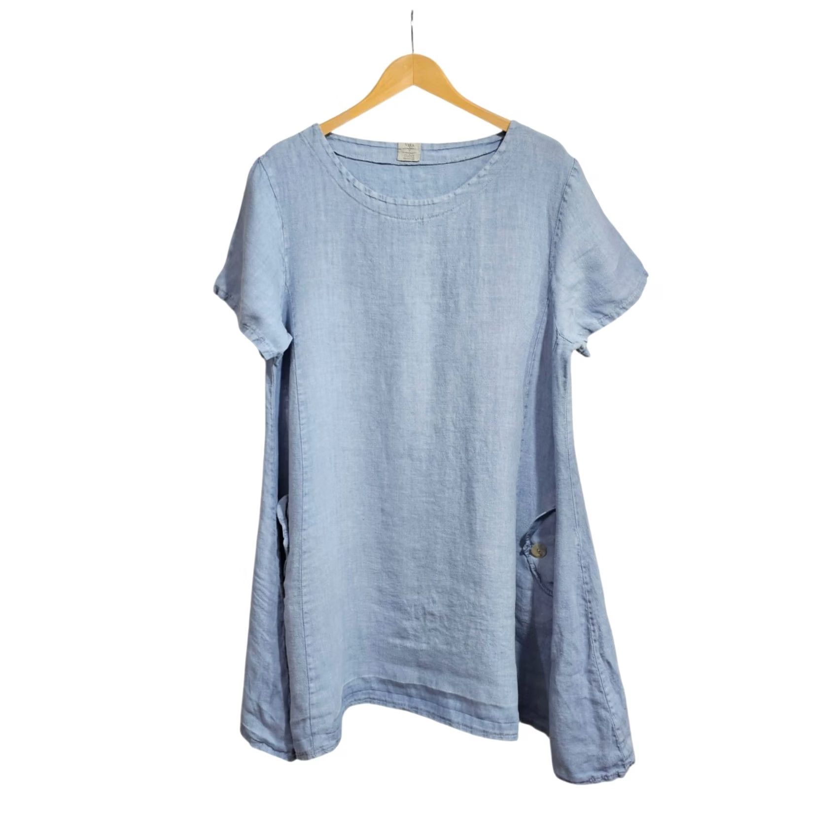 Vintage Vera Tucci Blue Dress One Size Linen Knee Length Pockets Womens Size ONE SIZE - 2 Thumbnail