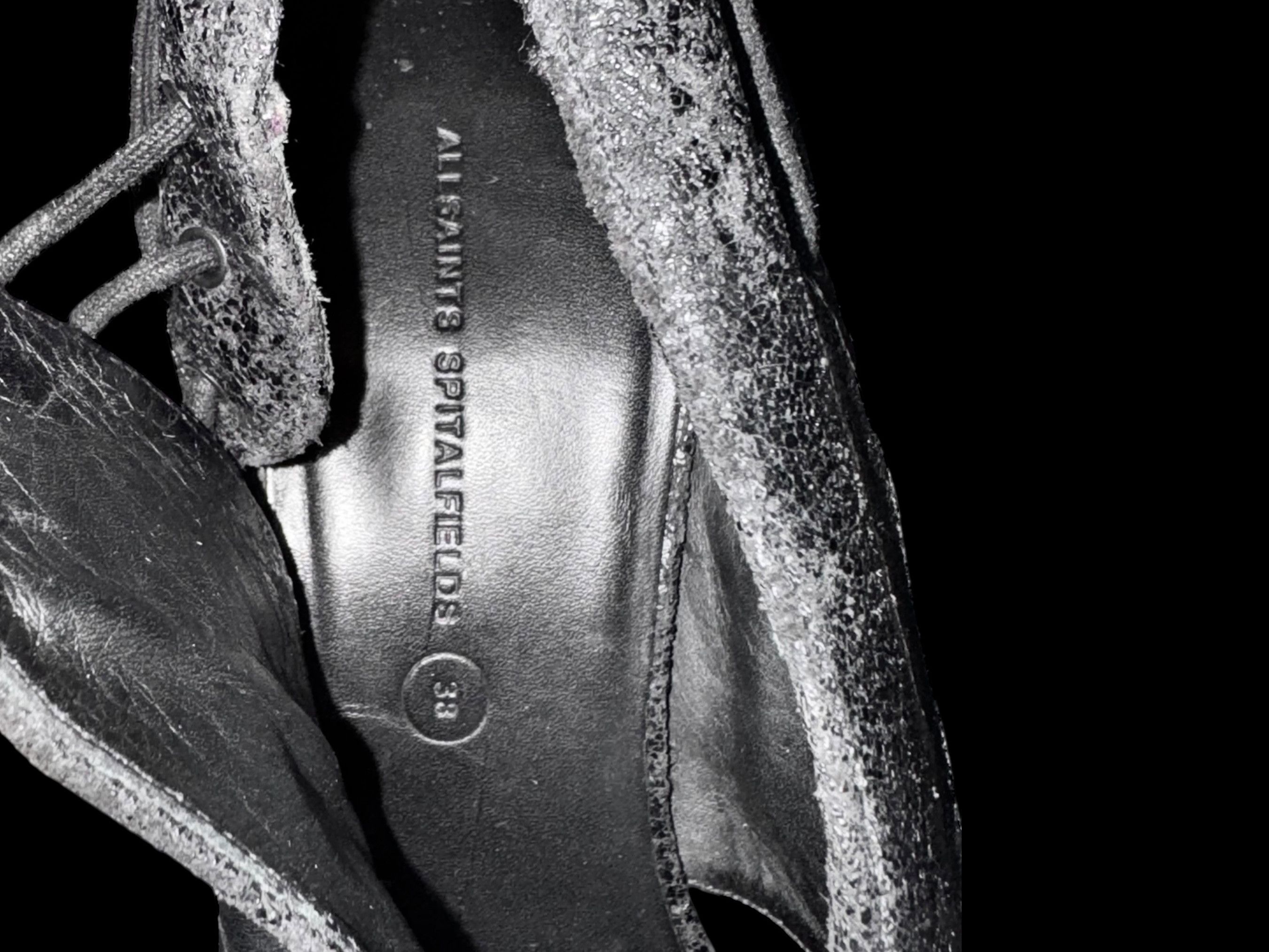 Allsaints AllSaints Gothic Avant Garde Black Leather Wedge Sandals Size US 8 / IT 38 - 3 Thumbnail