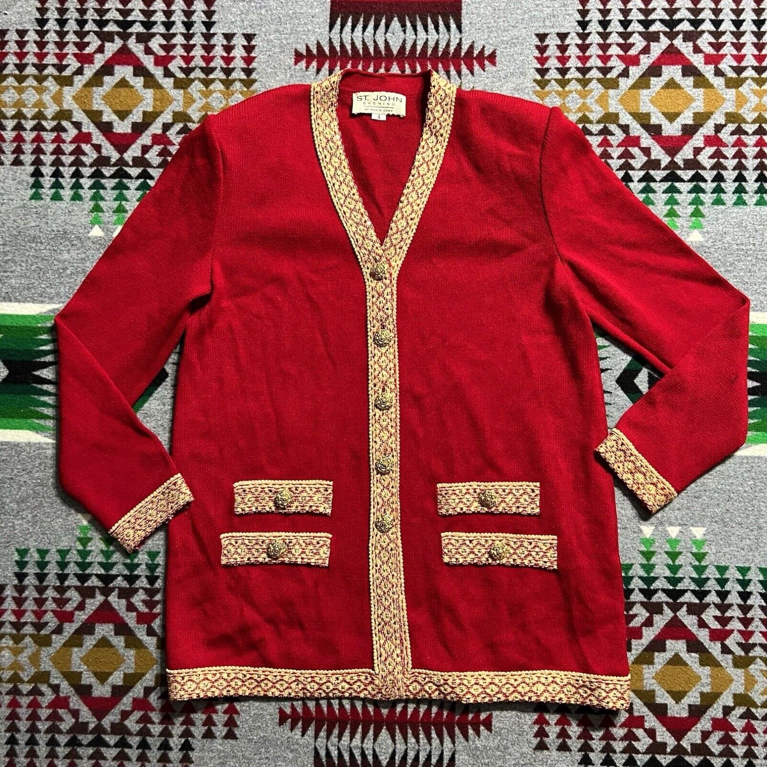 image of Vintage St John Evening By Marie Gray Gold Embellished Red Jacket Sweater Size 4 D6 in White, Women