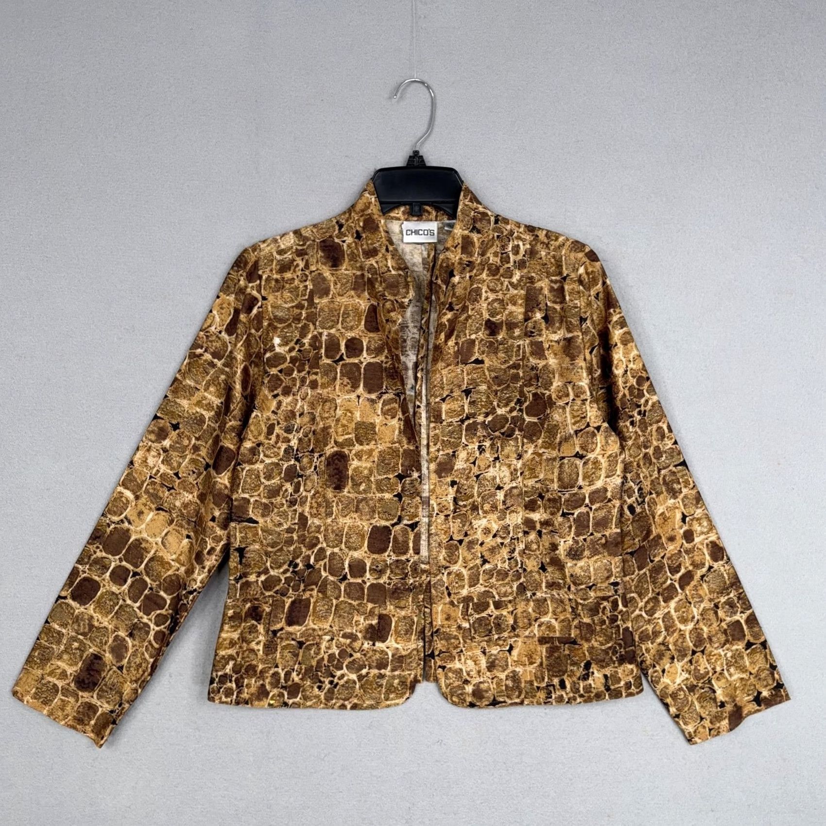 Vintage Chicos Jacket Womens 1 Brown Silk Animal Print Collared Lightweight Short Open Size M / US 6-8 / IT 42-44 - 2 Thumbnail