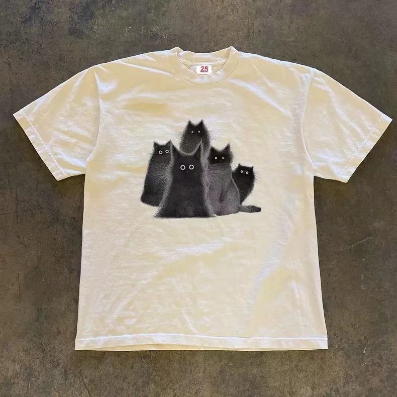 Designer × Japanese Brand White retro casual cute cat print cotton tee Size US L / EU 52-54 / 3 - 1 Thumbnail