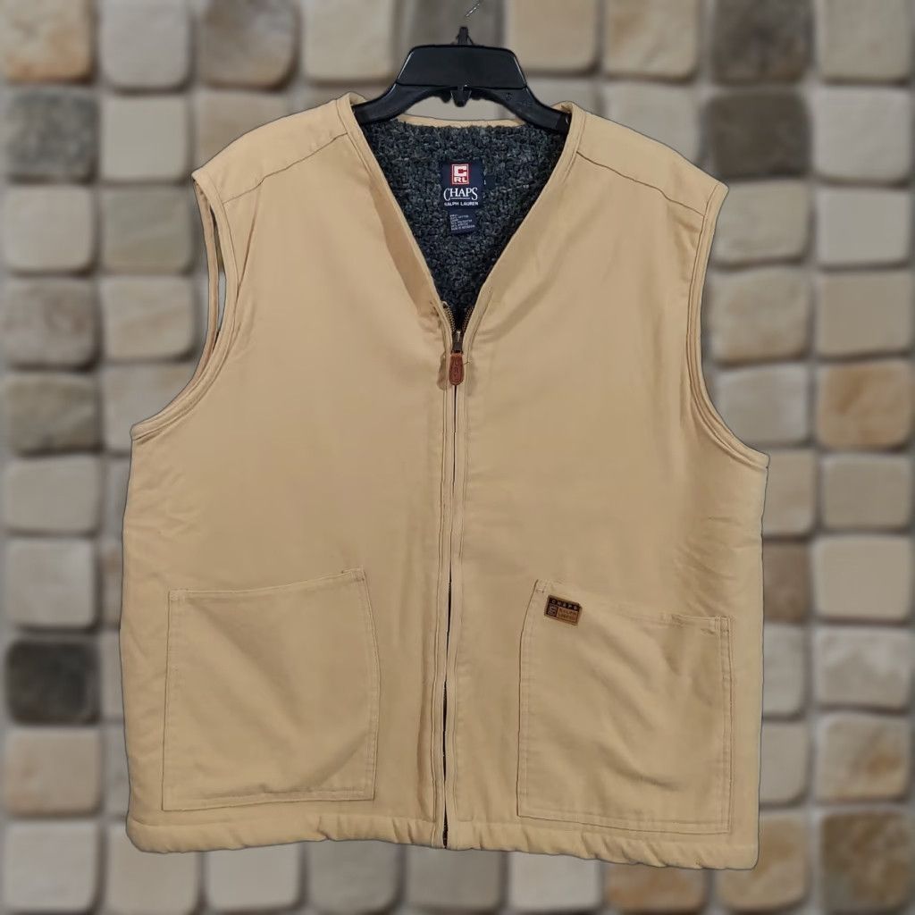 VINTAGE Chaps Ralph Lauren Vest Mens L Tan Canvas Sherpa Lined Full Zip
