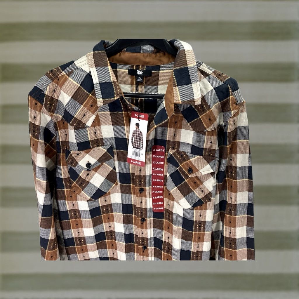 Frye Frye Jacquard Flannel Shirt Men XL Brown Plaid Long Sleeve Button NWT Size US XL / EU 56 / 4 - 1 Thumbnail