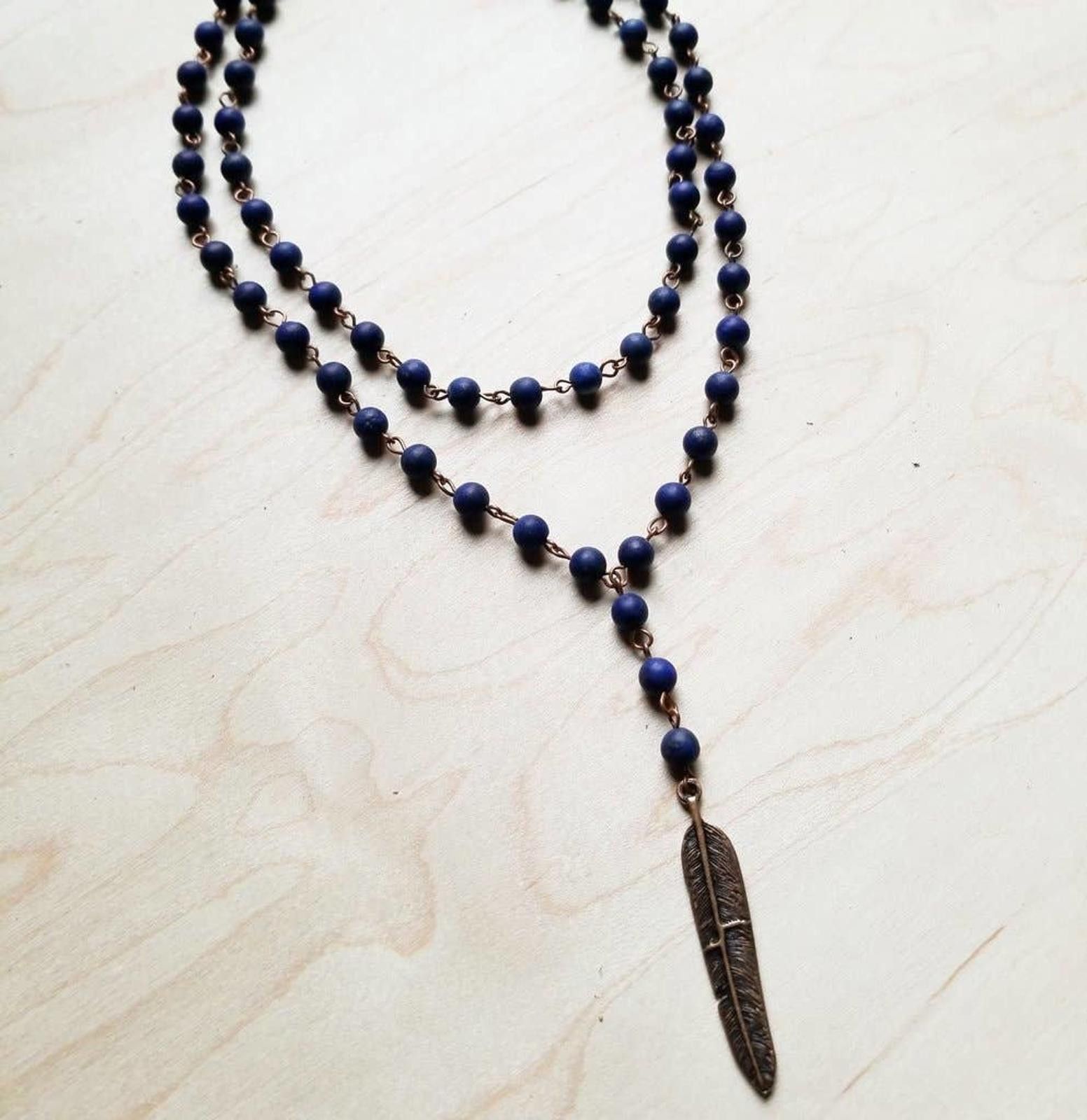 Other Blue Lapis Double Strand Lariat Necklace with Copper Feather Size ONE SIZE - 2 Thumbnail