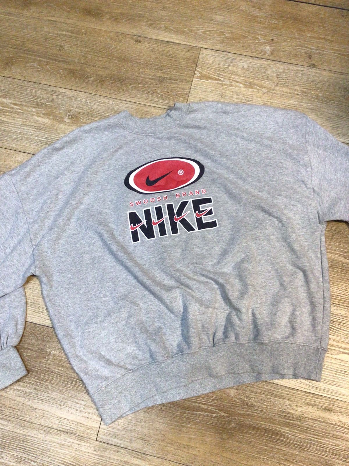 image of Nike Spell Out Sweatshirt Crewneck Sweater in Grey, Men's (Size Large)