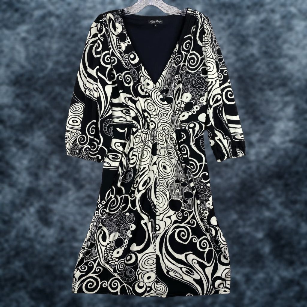 Vintage Maggy Boutique Dress Geometric Black White 3/4 Sleeve V-Neck Midi Vintage No Size S / US 4 / IT 40 - 1 Thumbnail