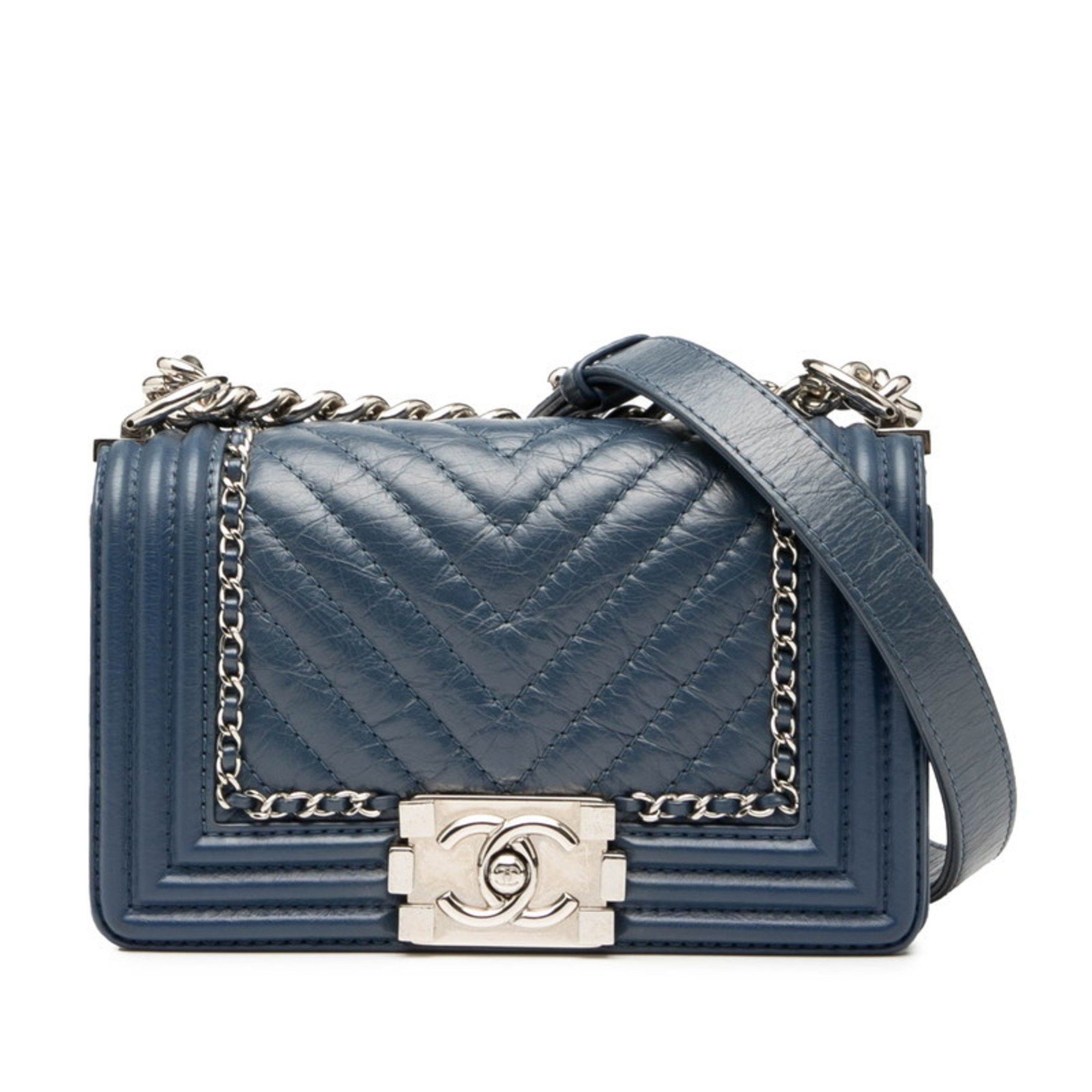 Chanel Chevron Coco Mark Boy Chain Shoulder Bag Blue Lambskin Women's CHANEL