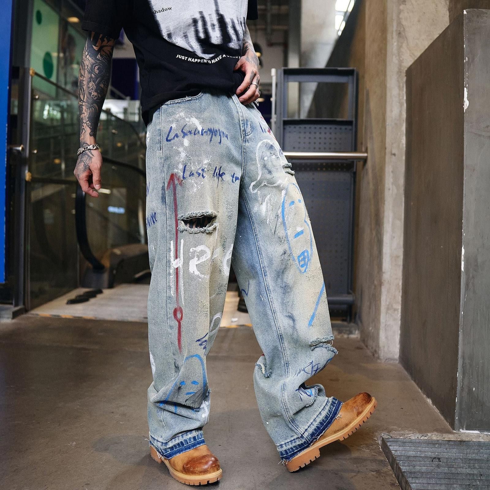 Japanese Brand Light Blue Graffiti Distressed Baggy Jeans, Loose Fit Denim Size US 32 / EU 48 - 1 Thumbnail