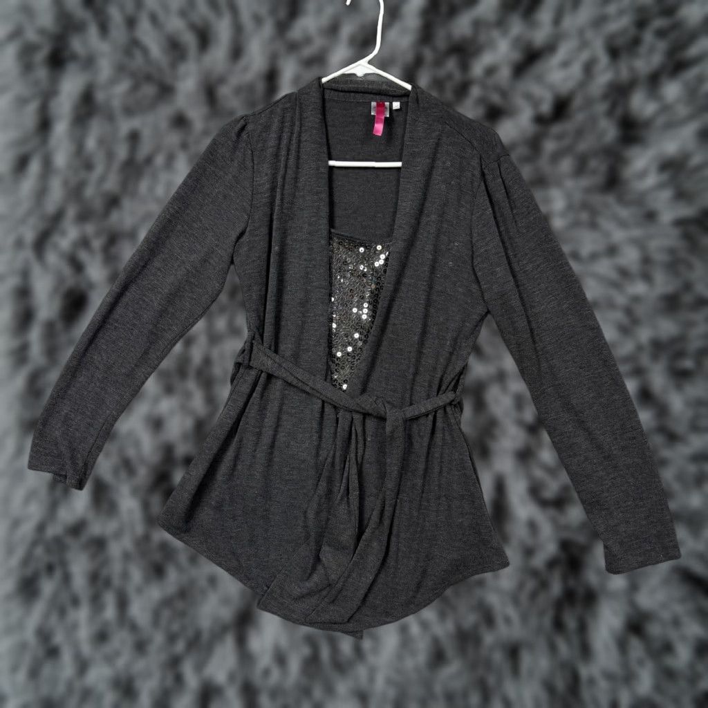 Vintage Cardigan Womens XL Gray Sequin Open Front Belted Gothic Party Girl Y2K Size XL / US 12-14 / IT 48-50 - 1 Thumbnail