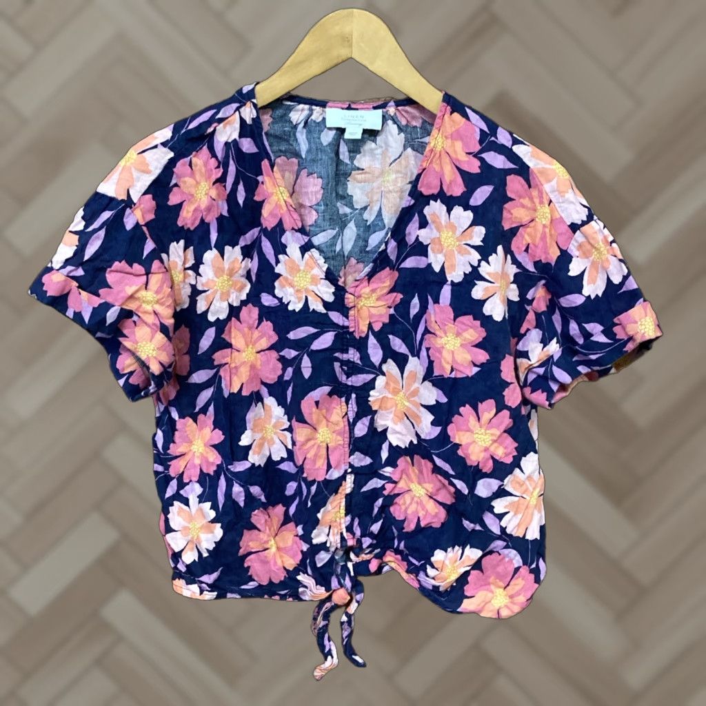 Charter Club Charter Club Shirt Womens Large 100% Linen Floral Tie Bottom Short Sleeve Multicolor V-Neck Top Blouse (Regular) Size L / US 10 / IT 46 - 1 Thumbnail