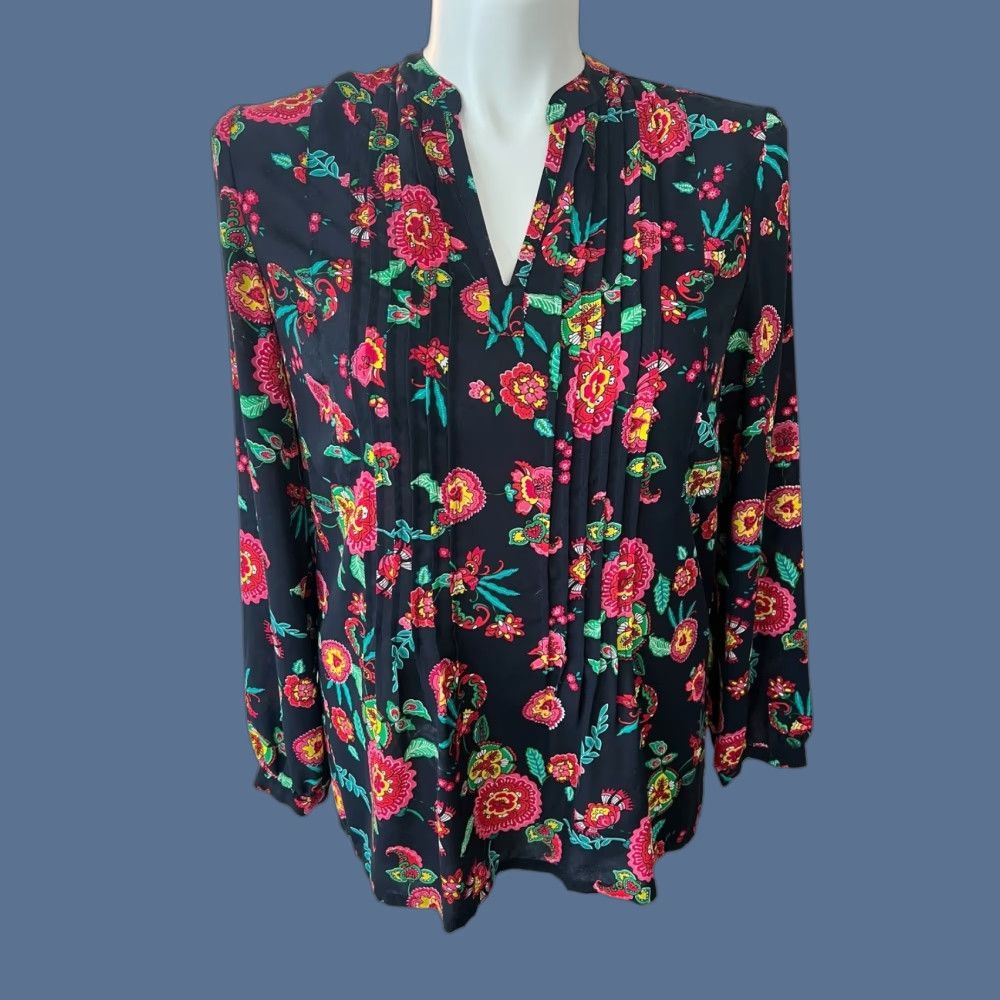 Jones New York Sport Womens Navy Floral Polyester Long Sleeve Blouse Size Large in Blue