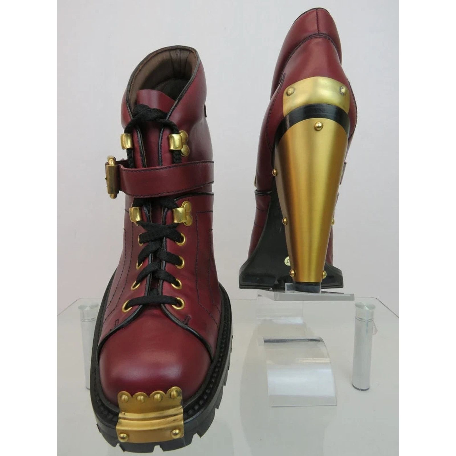 Prada MIU MIU PRADA BURGUNDY LEATHER METAL BELTED ANKLE BOOTS 39 Size US 9 / IT 39 - 8 Thumbnail