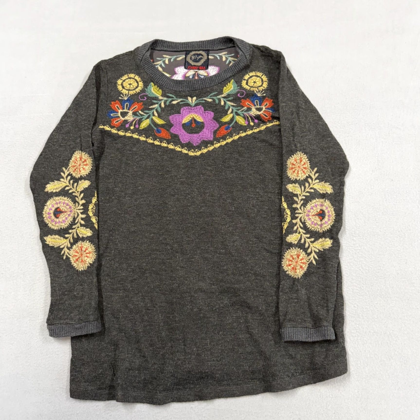 Johnny Was Johnny Was Sweater Womens Medium Gray Embroidered Floral Boho Crewneck Pullover Size M / US 6-8 / IT 42-44 - 2 Thumbnail