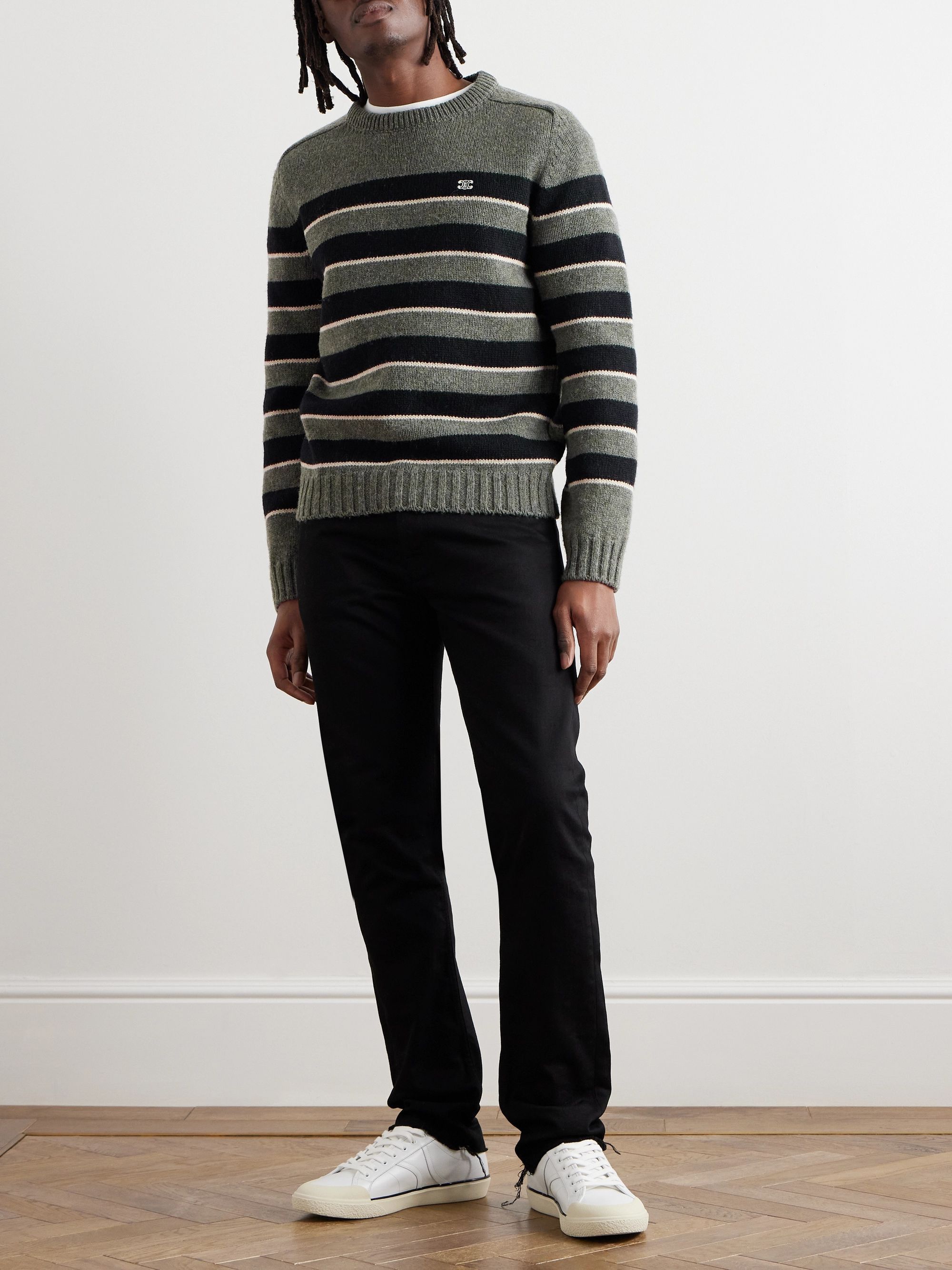 Celine CELINE Hedi Slimane logo embroidered striped wool sweater q Size US L / EU 52-54 / 3 - 2 Thumbnail