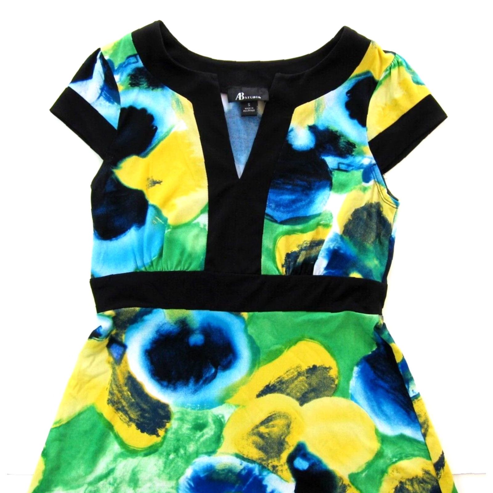 Vintage AB Studio Yellow Floral Stretch Short Sleeve Sheath Dress Small Women Size 28" / US 6 / IT 42 - 3 Thumbnail