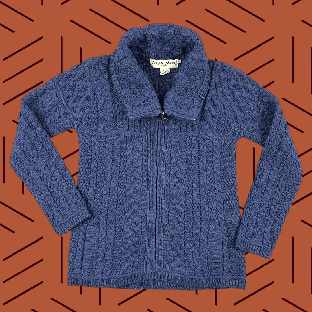 Vintage ARAN MOR Sweater Womens Small Blue Merino Wool High Neck Full Zip Cable Knit Classic Size S / US 4 / IT 40 - 1 Thumbnail