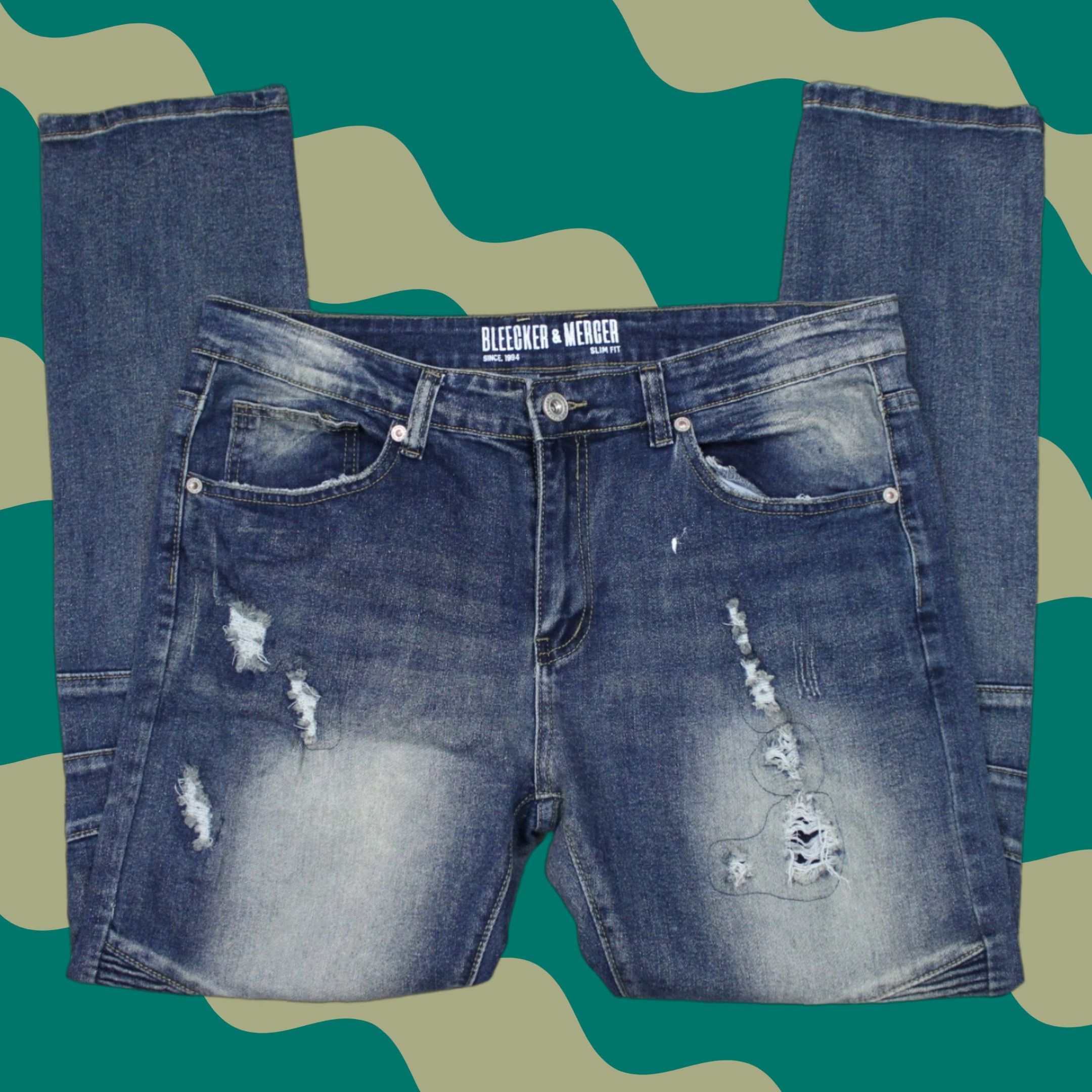 Vintage Bleecker & Mercer Jeans Men 34x32 Blue Slim Distressed Stretch Denim Straight Leg 5-Pocket Size US 34 / EU 50 - 1 Thumbnail