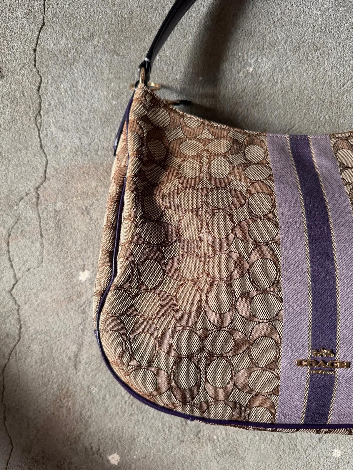 Coach Coach Signature Hobo Stripe Canvas Shoulder Bag Beige/Purple Size ONE SIZE - 2 Thumbnail