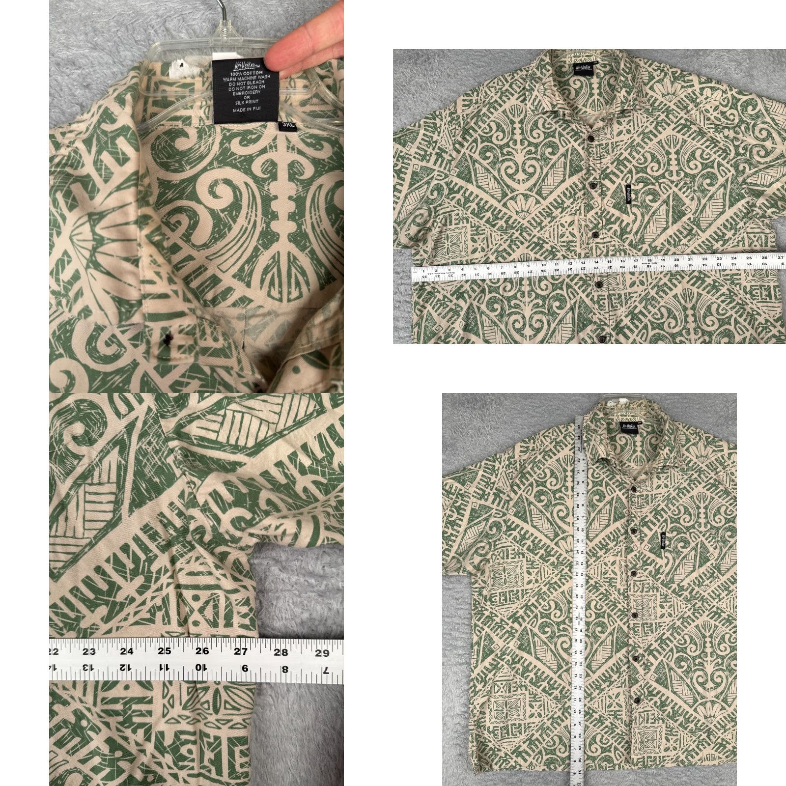 Vintage Kai Veikau Shirt Men 3XL Green Beige Floral Geometric 100% Cotton Hawaiian Size US XXL / EU 58 / 5 - 8 Thumbnail