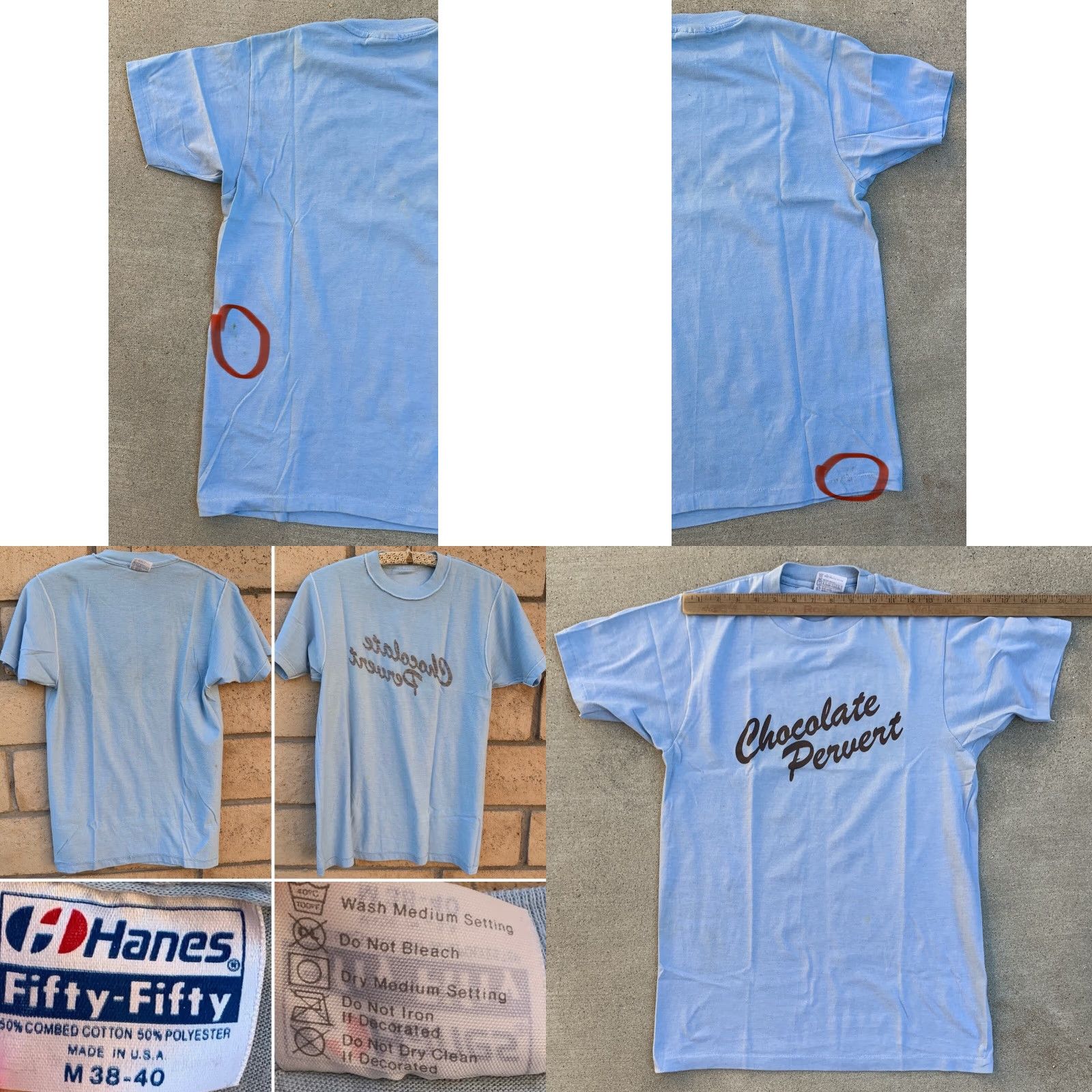 Hanes VINTAGE Hanes T-Shirt Graphic Print Blue 38-40 Men Single Stitch Short Sleeve M 1980s Chocolate Pervert Hanes Fifty Fifty Size US M / EU 48-50 / 2 - 10 Thumbnail