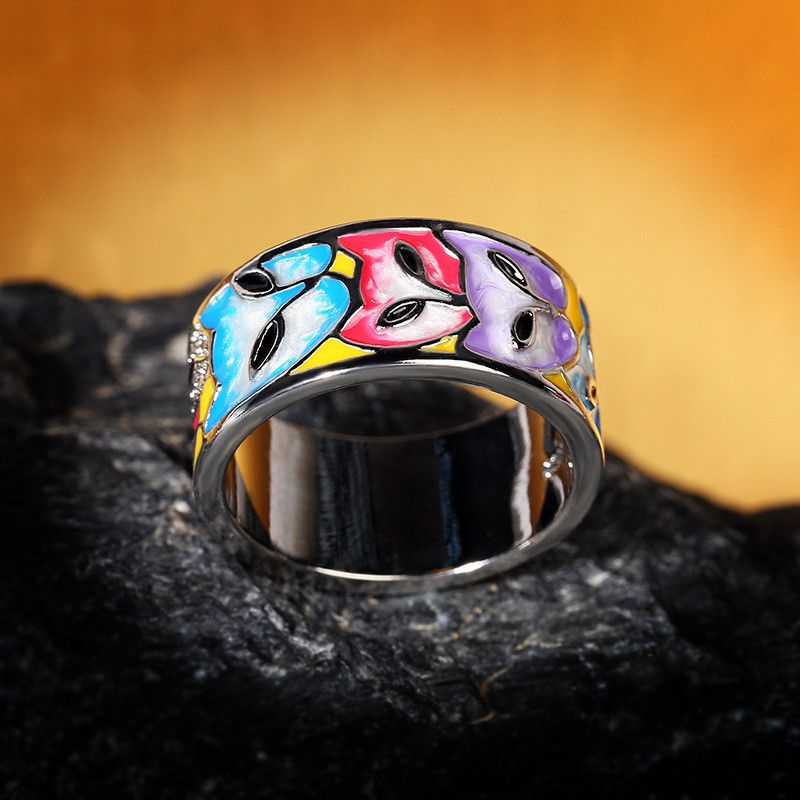 Jewelry Enamel Cat Head Handmade Enamel Ring Size ONE SIZE - 4 Thumbnail