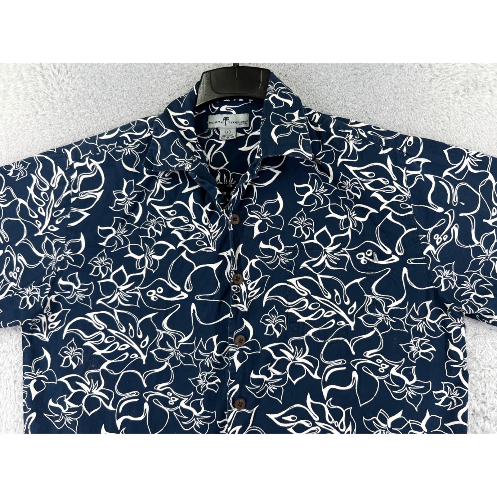 Vintage Island Tropics Button-Up Shirt Adult Large Blue Floral Palm Pattern Cotton Hawaiian Size US 33 - 4 Thumbnail