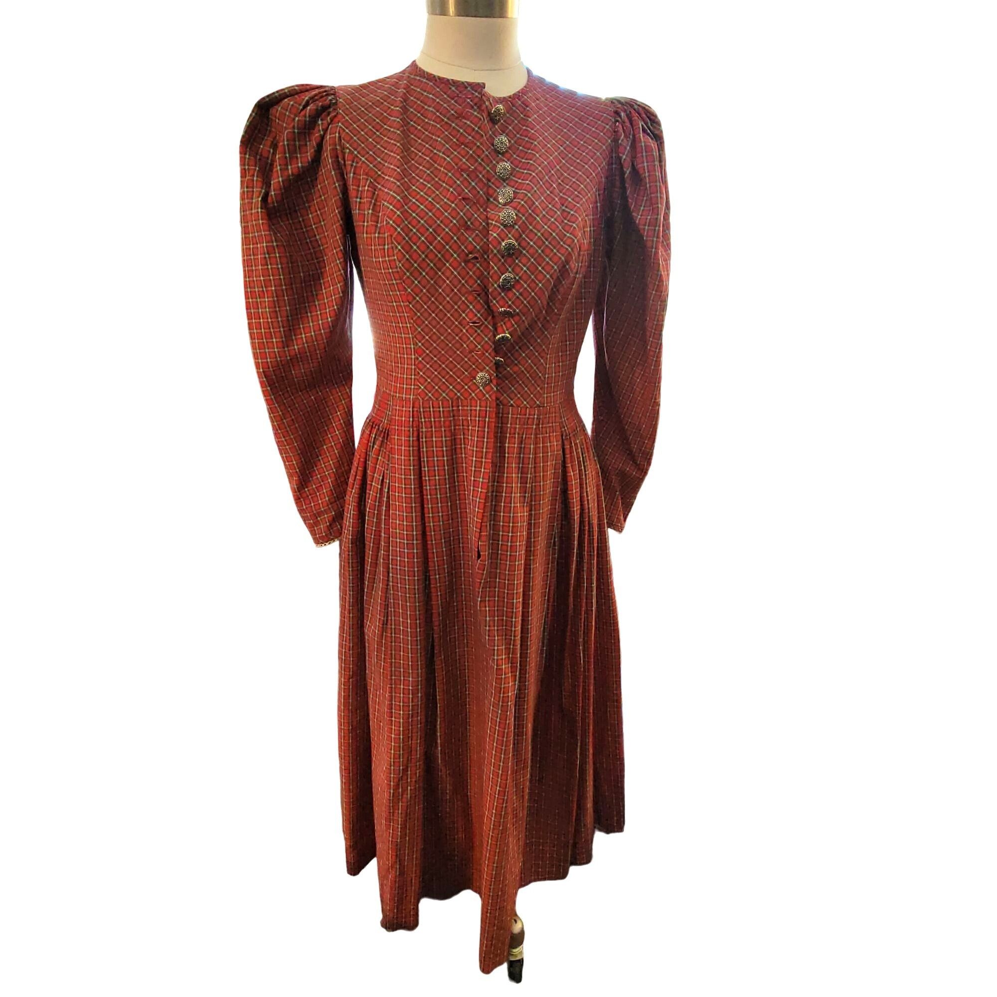 Vintage Vintage Hoefer Prarie Dress Red Green Plaid Long Sleeve Butt Size M / US 6-8 / IT 42-44 - 1 Thumbnail