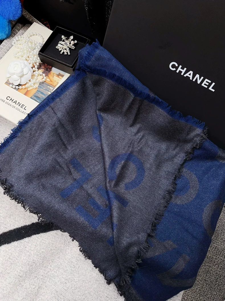 Chanel Chanel Dark blue and gray letter cashmere silk scarf Size ONE SIZE - 3 Thumbnail