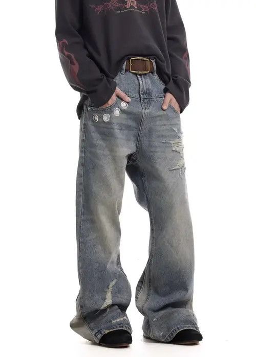 Jean Vintage Washed Distressed Splicing Flared Jeans Size US 30 / EU 46 - 1 Thumbnail