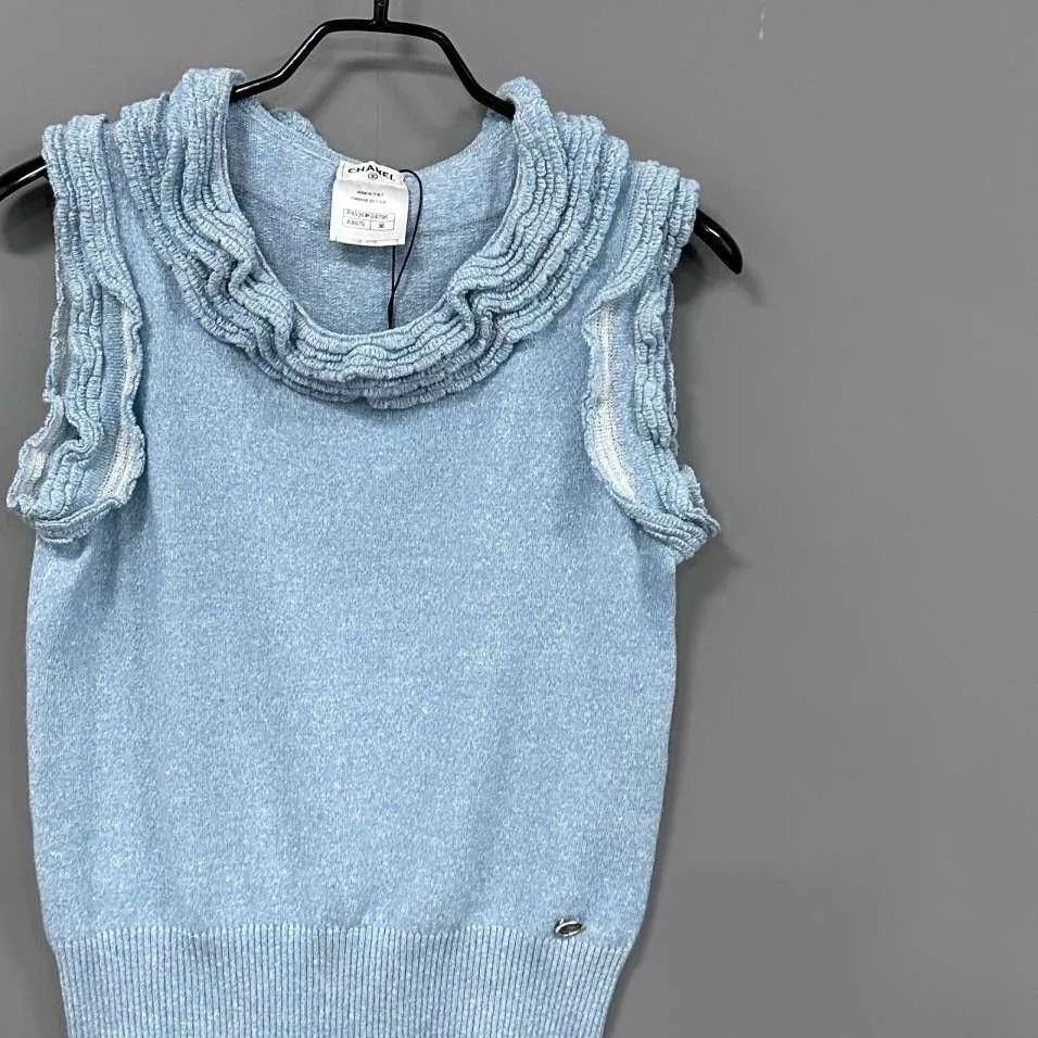 Chanel Chanel Blue Ruffled Collar Knit Sleeveless Top Size XS / US 0-2 / IT 36-38 - 2 Thumbnail