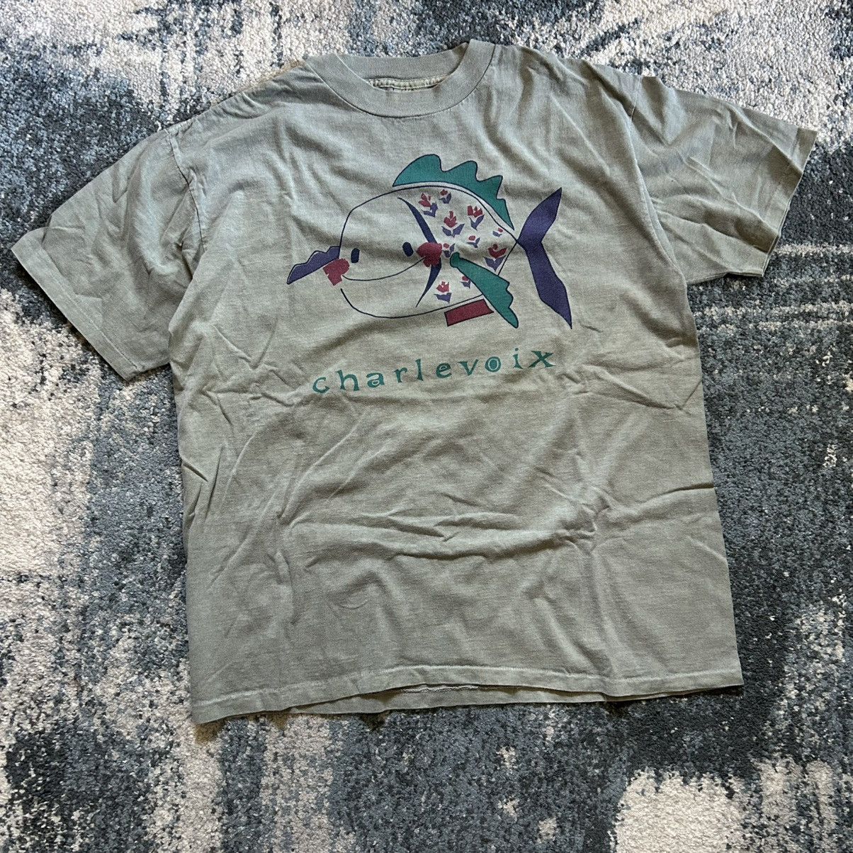 Vintage CHARLEVOiX MiCHiGAN FiSH SiNGLE STiTCH ONEiTA POWER TEE SAGE Size US XL / EU 56 / 4 - 8 Thumbnail