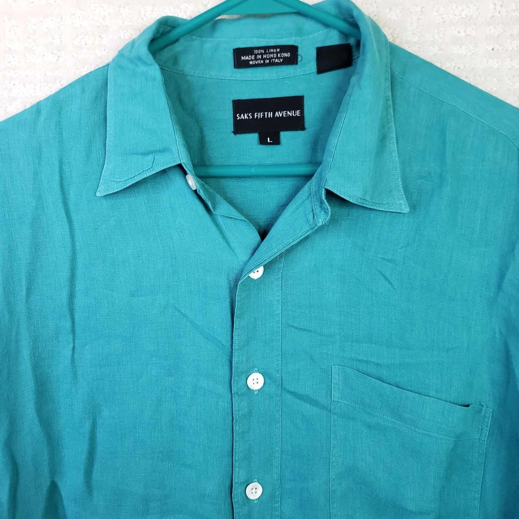 Saks Fifth Avenue Saks Fifth Avenue Shirt Mens L Aqua Linen Short Sleeve Button-Up Closet Classic 1 Pocket Button-Down Collar Front Size US L / EU 52-54 / 3 - 3 Thumbnail