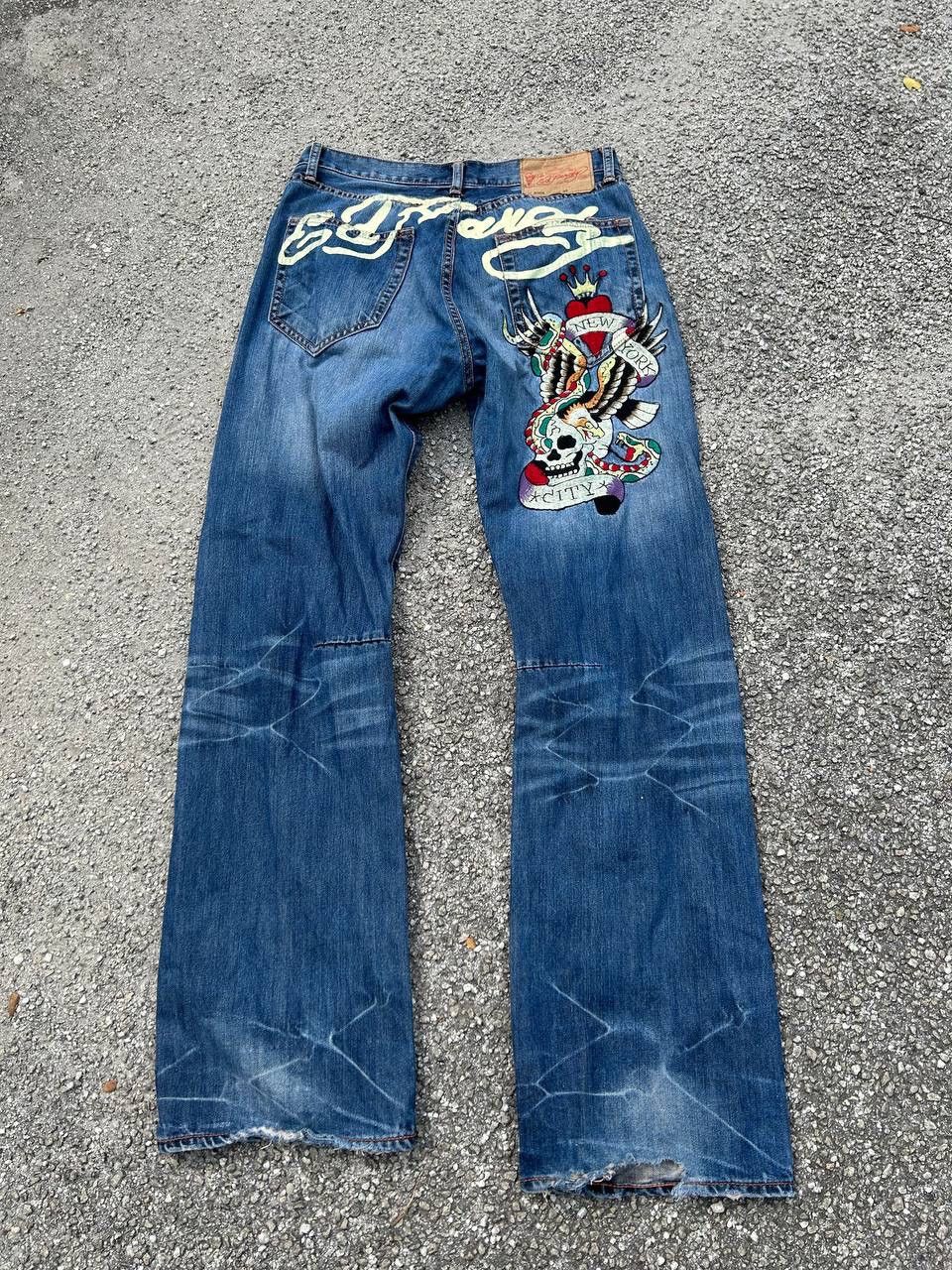 Christian Audigier × Ed Hardy × Vintage Ed hardy Embroidered Skull Denim Jeans Size US 34 / EU 50 - 1 Thumbnail