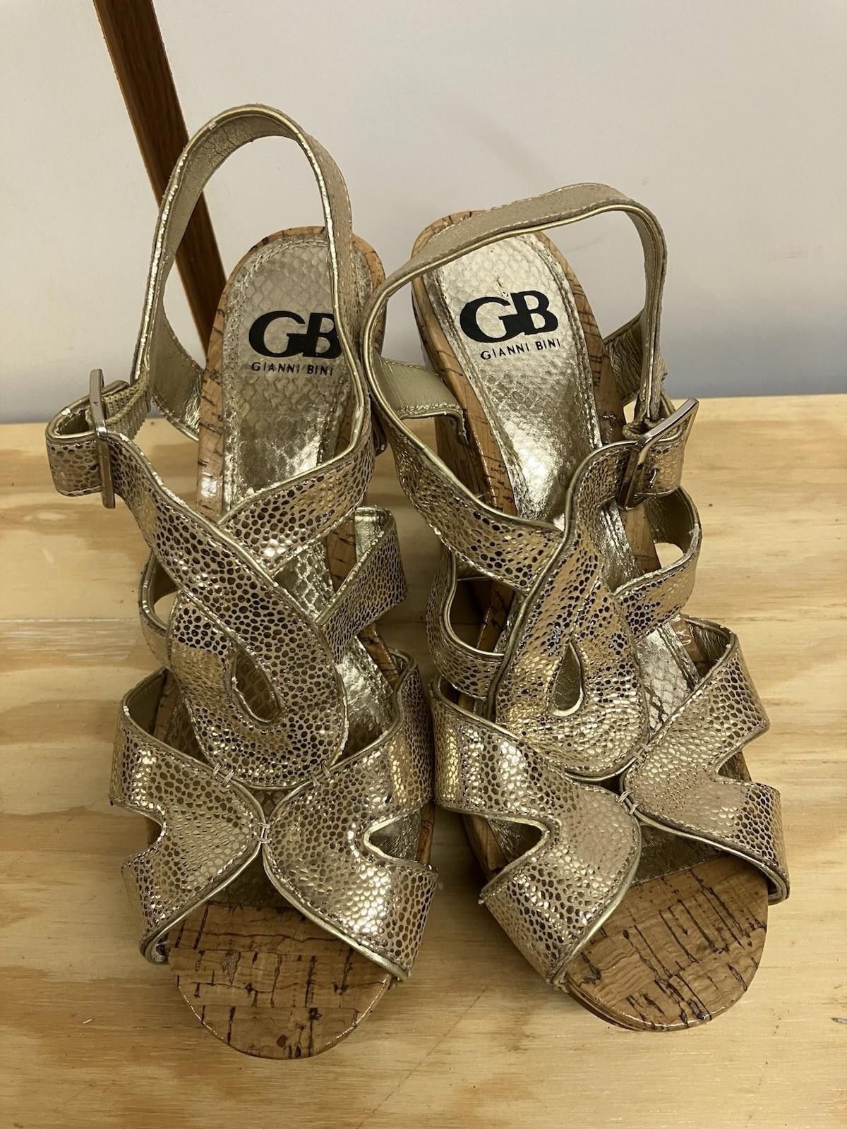 Other Gianni Bini Metallic Gold Leather Cork Wedge Sandals Size US 7 / IT 37 - 1 Thumbnail