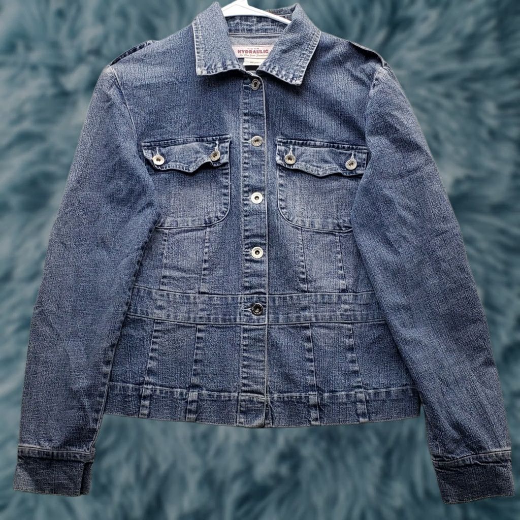 Denime HYDRAULIC Denim Trucker Jacket Womens M Blue Stretch Cinch Waist Button Front Jacket Size M / US 6-8 / IT 42-44 - 1 Thumbnail
