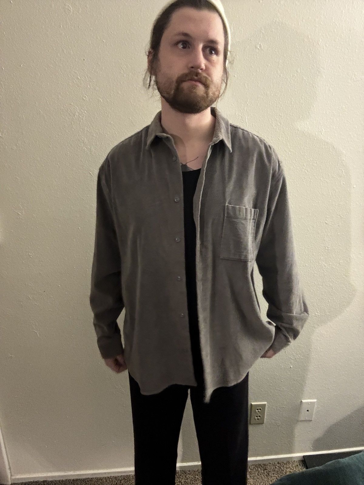 BP. Men's Charcoal Corduroy Button-Down Shirt | Large L | Os fit Size US L / EU 52-54 / 3 - 2 Thumbnail