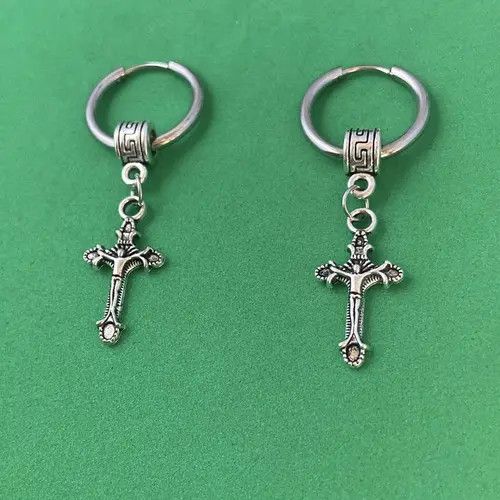 Designer × Jewelry 925 Silver Plated Cross Dangle Drop Earrings for Men Women Size ONE SIZE - 2 Thumbnail