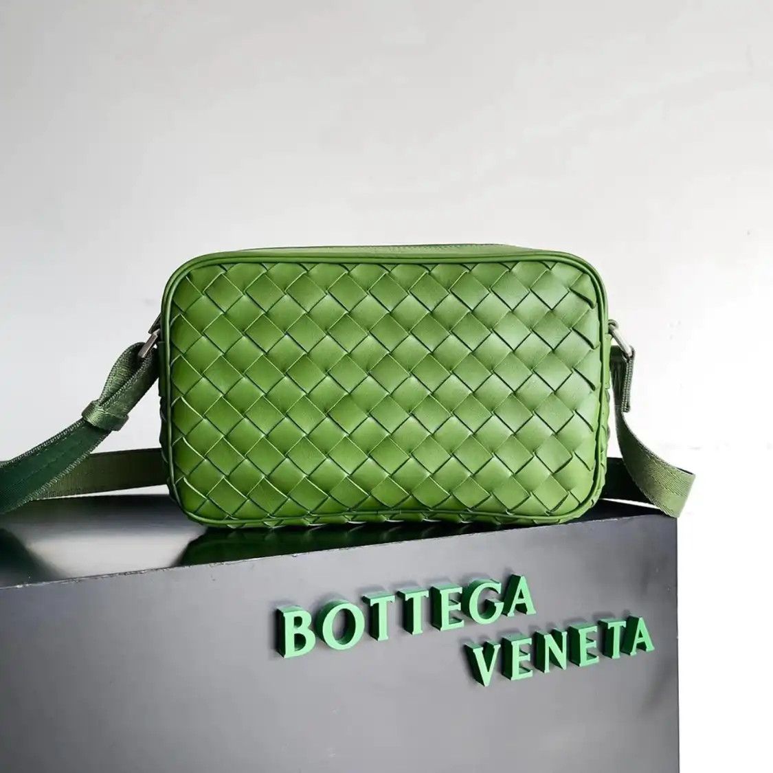 Bottega Veneta Small Green Sheepskin Woven Shoulder Bag, Men's